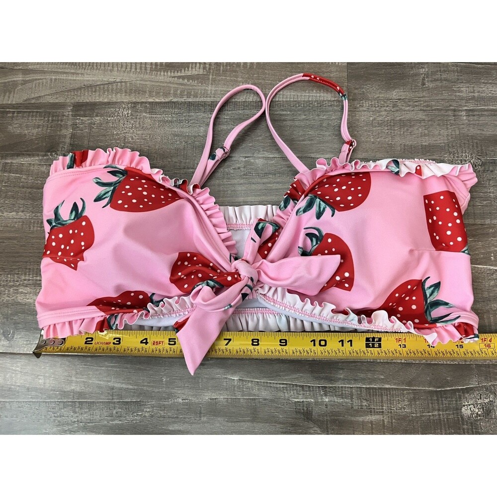 Strawberry Pink 2 Piece Bikini Set Size 2XL Bow Adjustable Straps Ruffles Swim - Picture 5 of 6